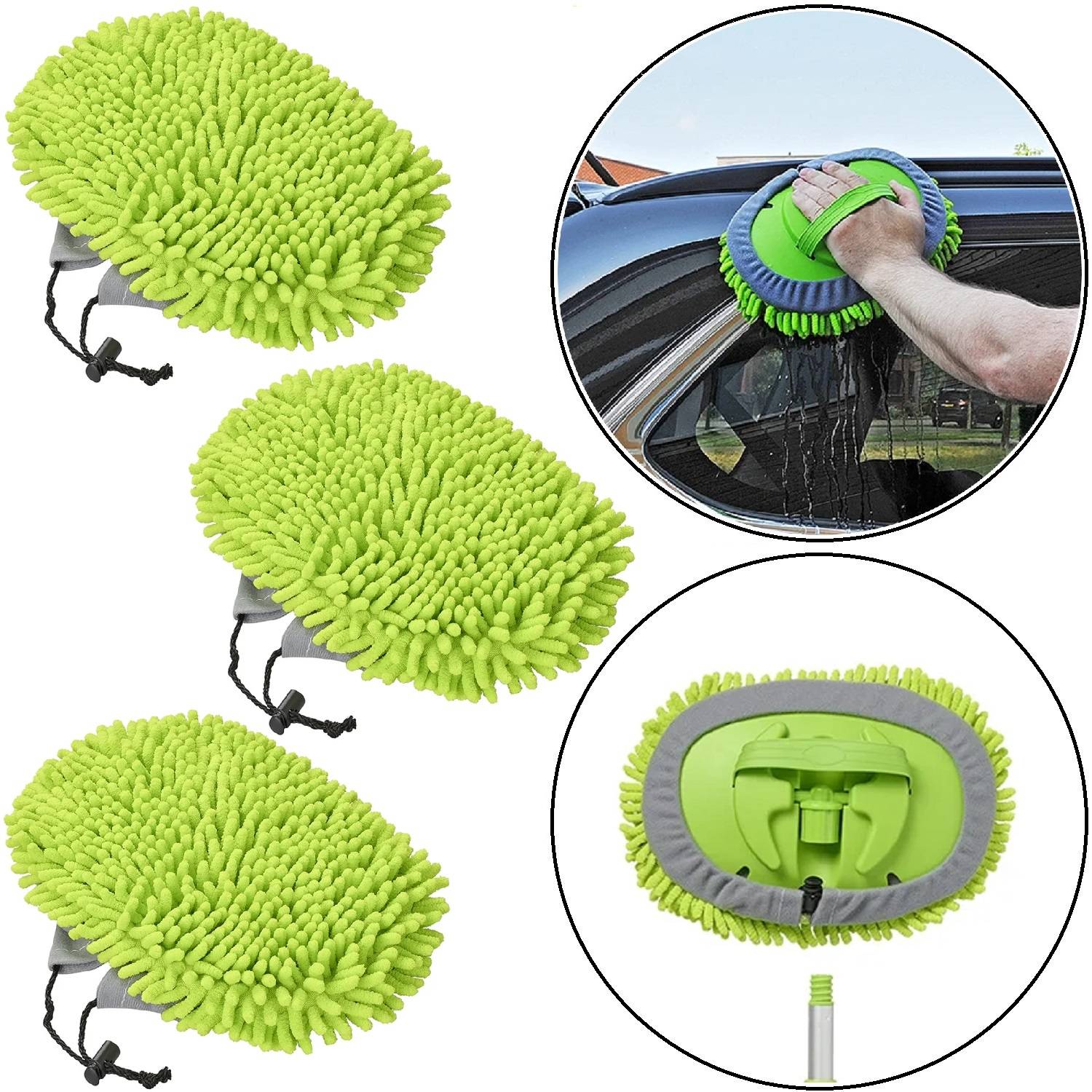 3 x Chenille Mikrofasertücher für Teleskop Waschbürste – Ideal zum Selber Autowaschen, für Auto, Wohnmobil, Fahrrad & mehr, Gummizug, grün