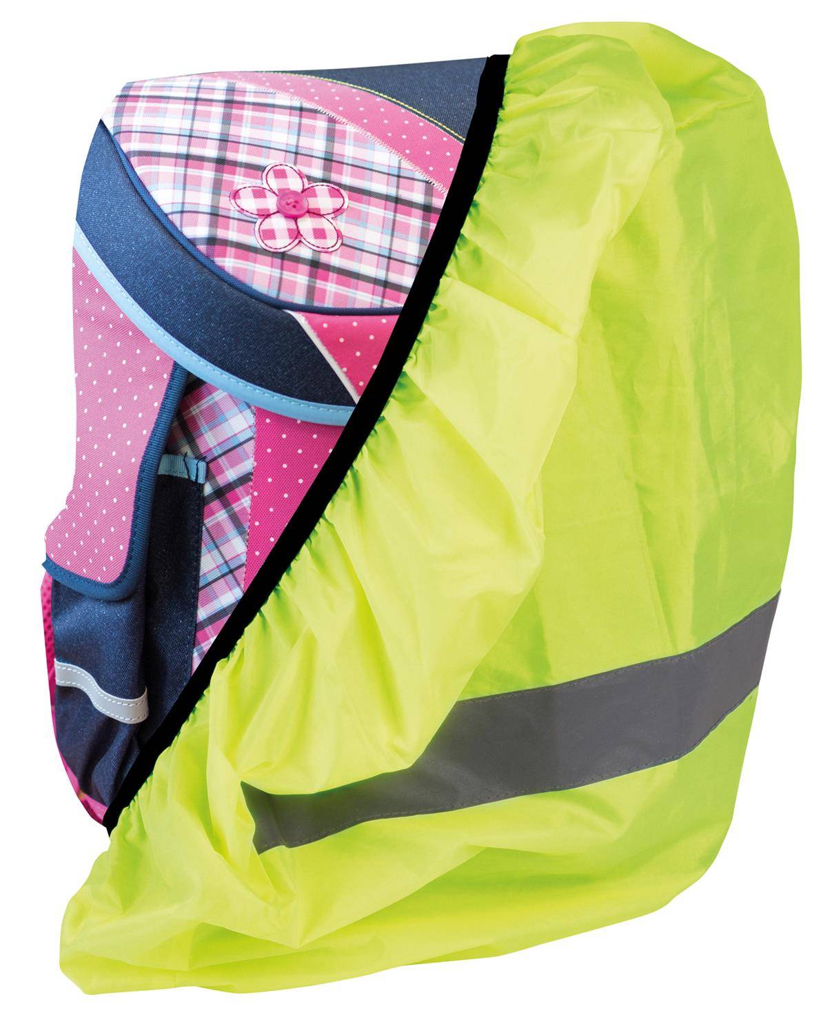 Regenschutz für Rucksack und Schulranzen - Regenhaube Wasser- und windabweisend mit Reflektorstreifen - Neon 48x15x53cm