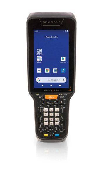 Ein tragbares elektronisches Gerät mit einem Bildschirm, der Apps anzeigt, und einer numerischen Tastatur darunter.