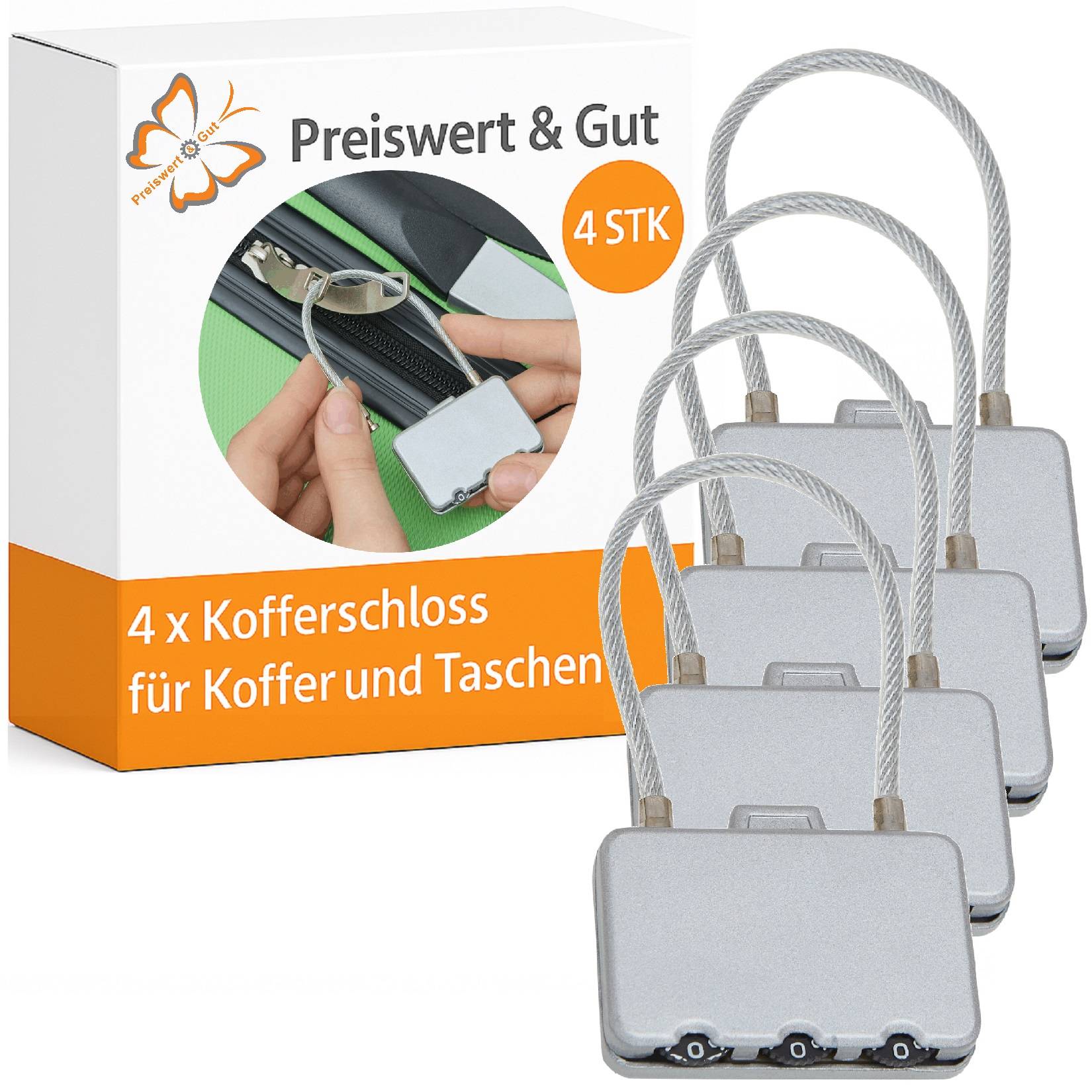 4 x Kofferschlösser für Koffer und Taschen | Zahlenschloss für sicheren Transport | Vorhängeschloss mit Metalldraht