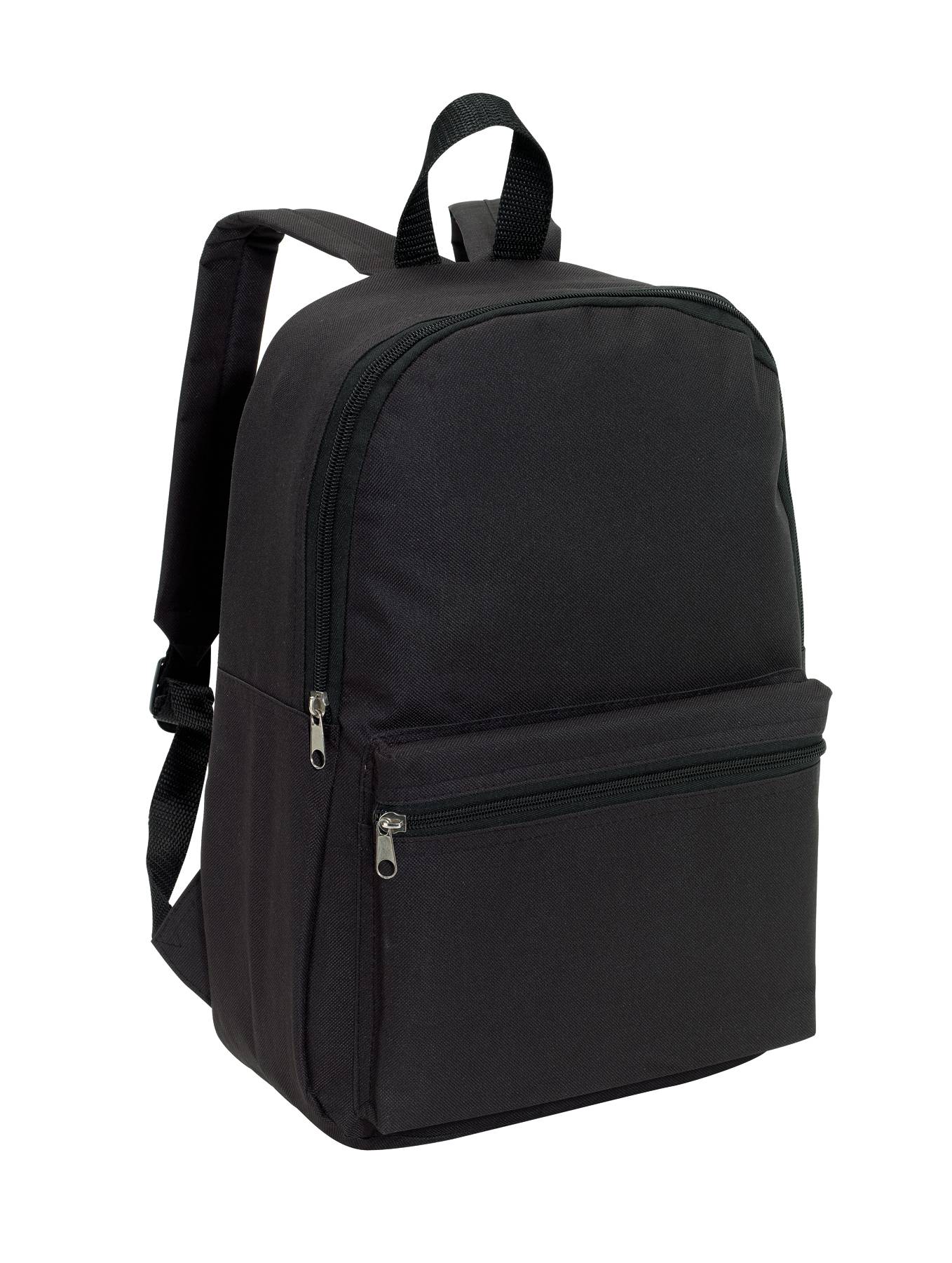 Ein einfacher schwarzer Rucksack mit einer vorderen Reißverschlusstasche und verstellbaren Schultergurten.