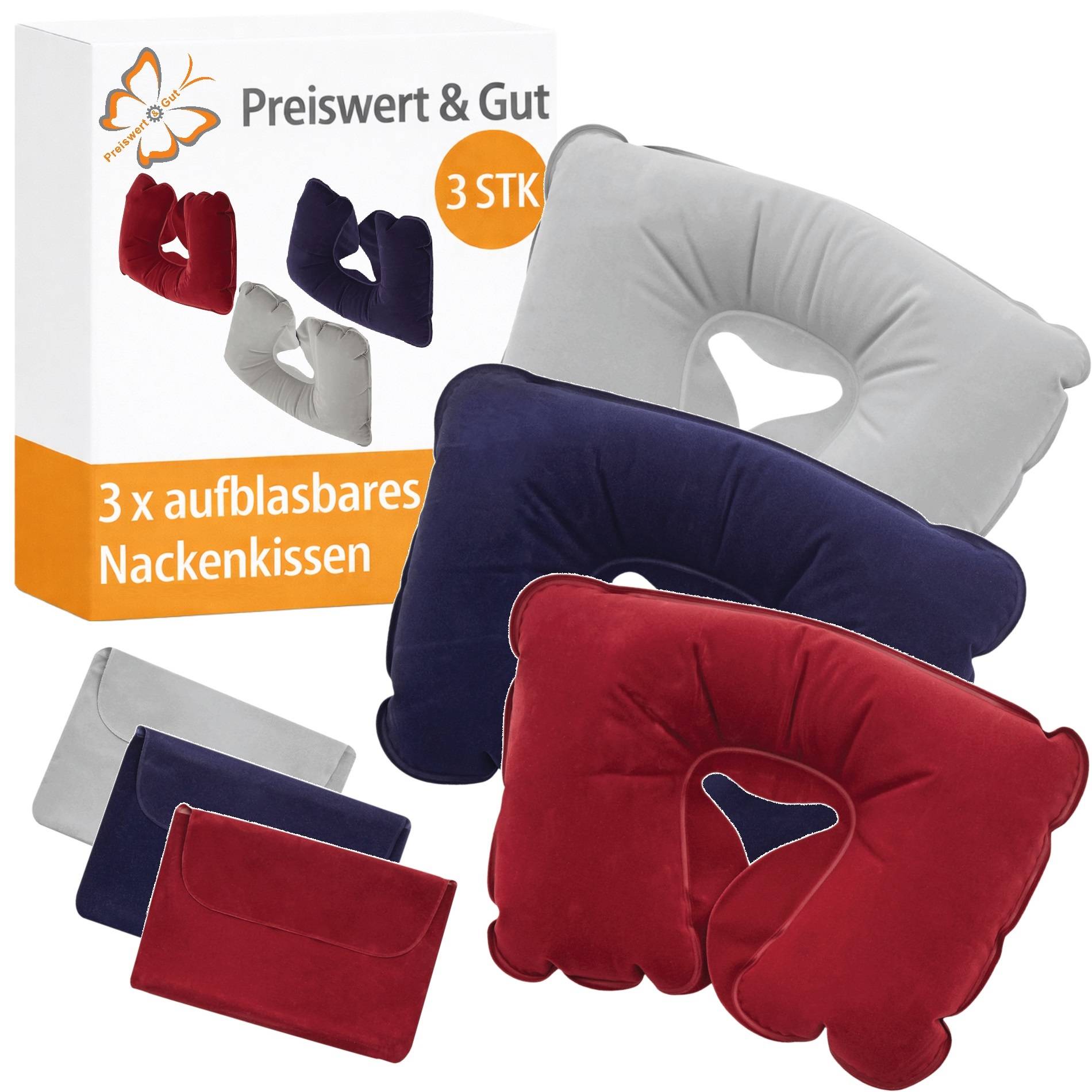 Kopie von 3 x Nackenkissen Reise – Aufblasbares Nackenstützkissen für Flugzeug, Auto & Bahn – In Blau, Rot & Grau – 35 x 23 x 9 cm #1
