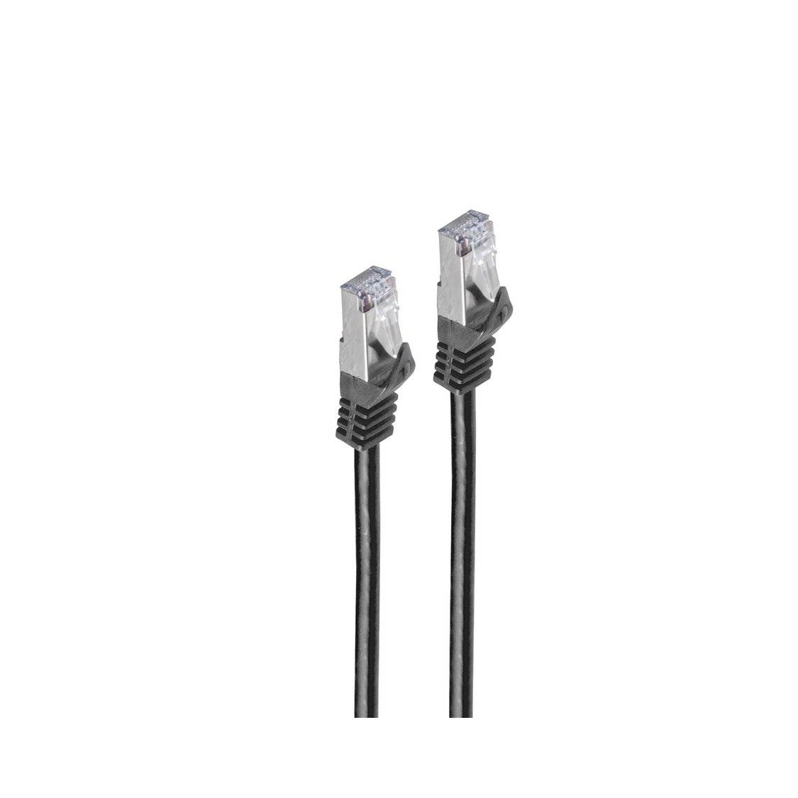 Ein schwarzes Ethernet-Kabel mit zwei RJ45-Steckern, typischerweise zum Verbinden von Internetgeräten verwendet, vor weißem Hintergrund.