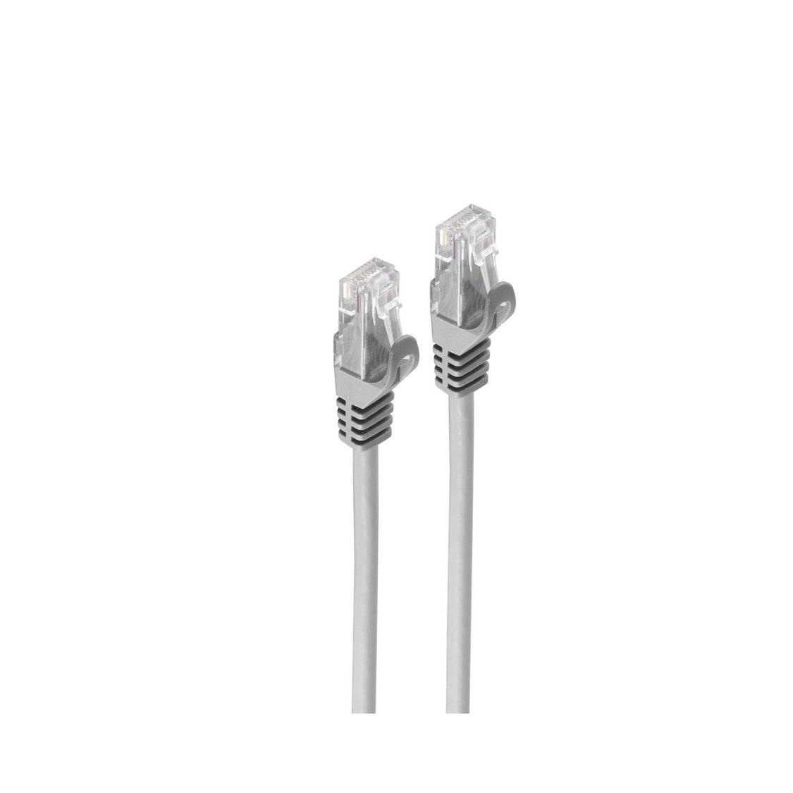Zwei graue Ethernet-Kabel mit transparenten Steckern, vor einem weißen Hintergrund dargestellt, werden für Netzwerkverbindungen verwendet.