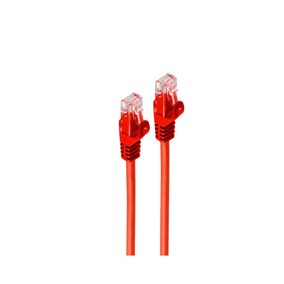 Zwei rote Ethernet-Kabel mit transparenten Steckverbindern nebeneinander auf weißem Hintergrund.