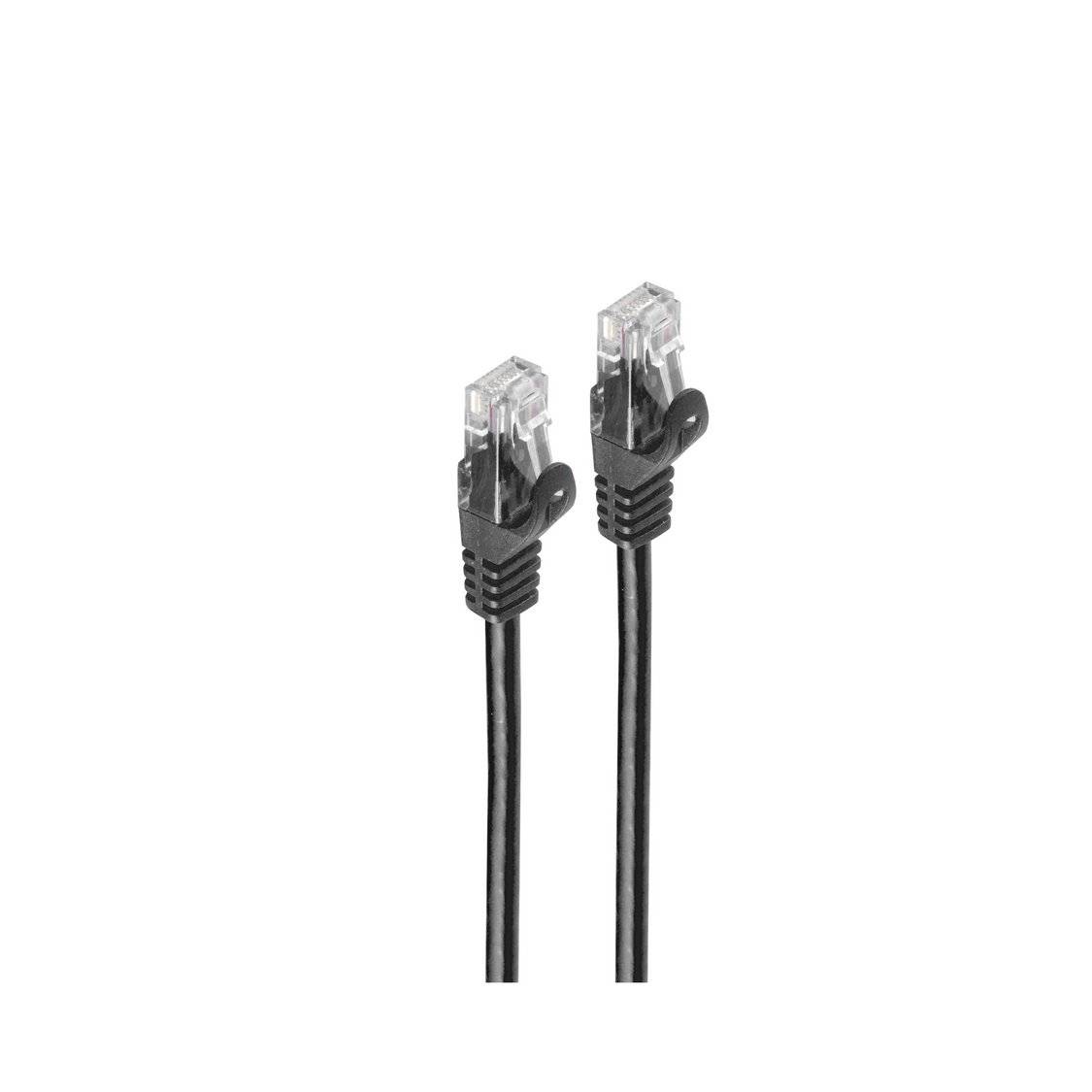 „Zwei schwarze Ethernet-Kabel mit transparenten RJ45-Steckern auf weißem Hintergrund.