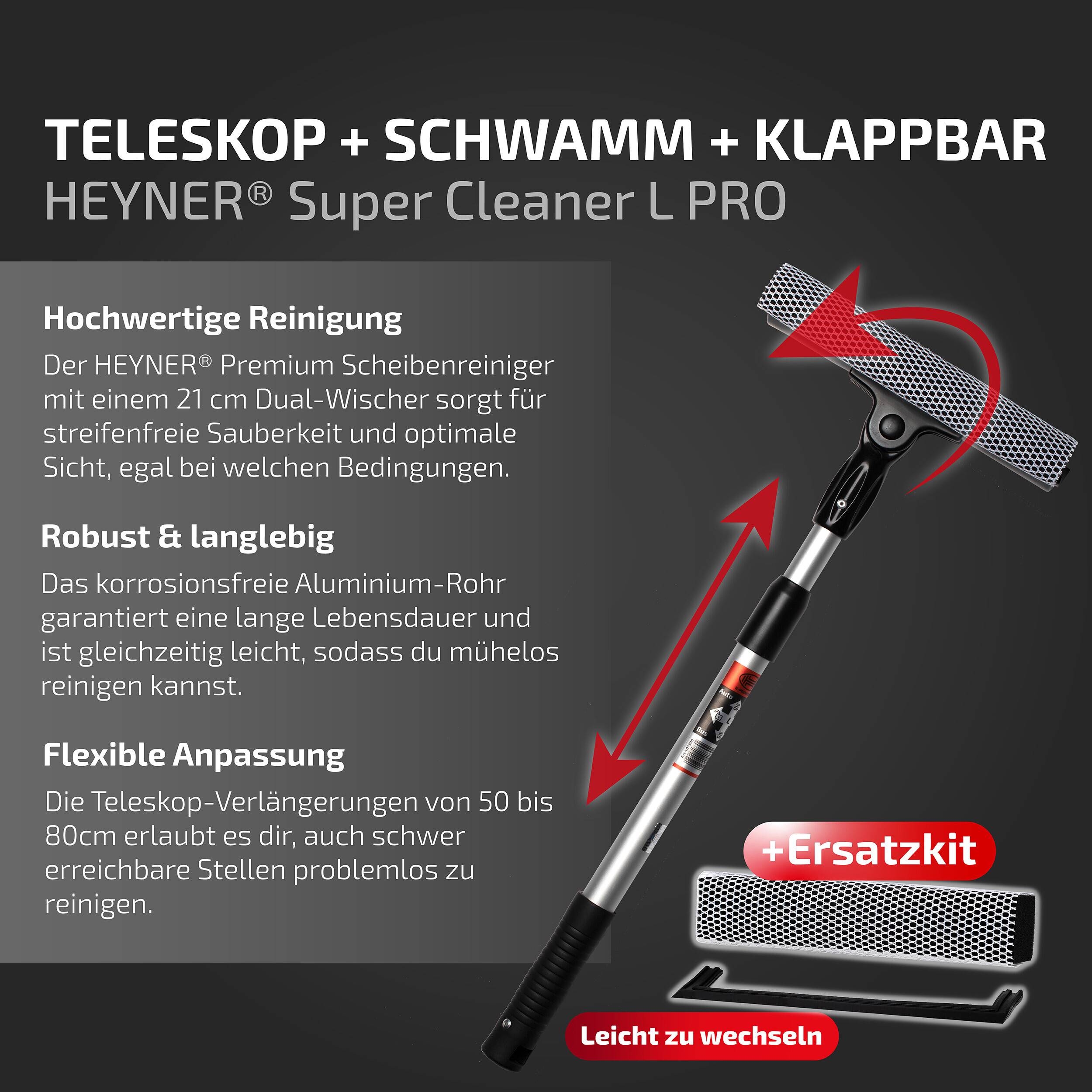 HEYNER® Scheibenreiniger Set I Super Cleaner L PRO mit Teleskopgriff + Ersatzkit I Auto Reinigungs-Bundle für