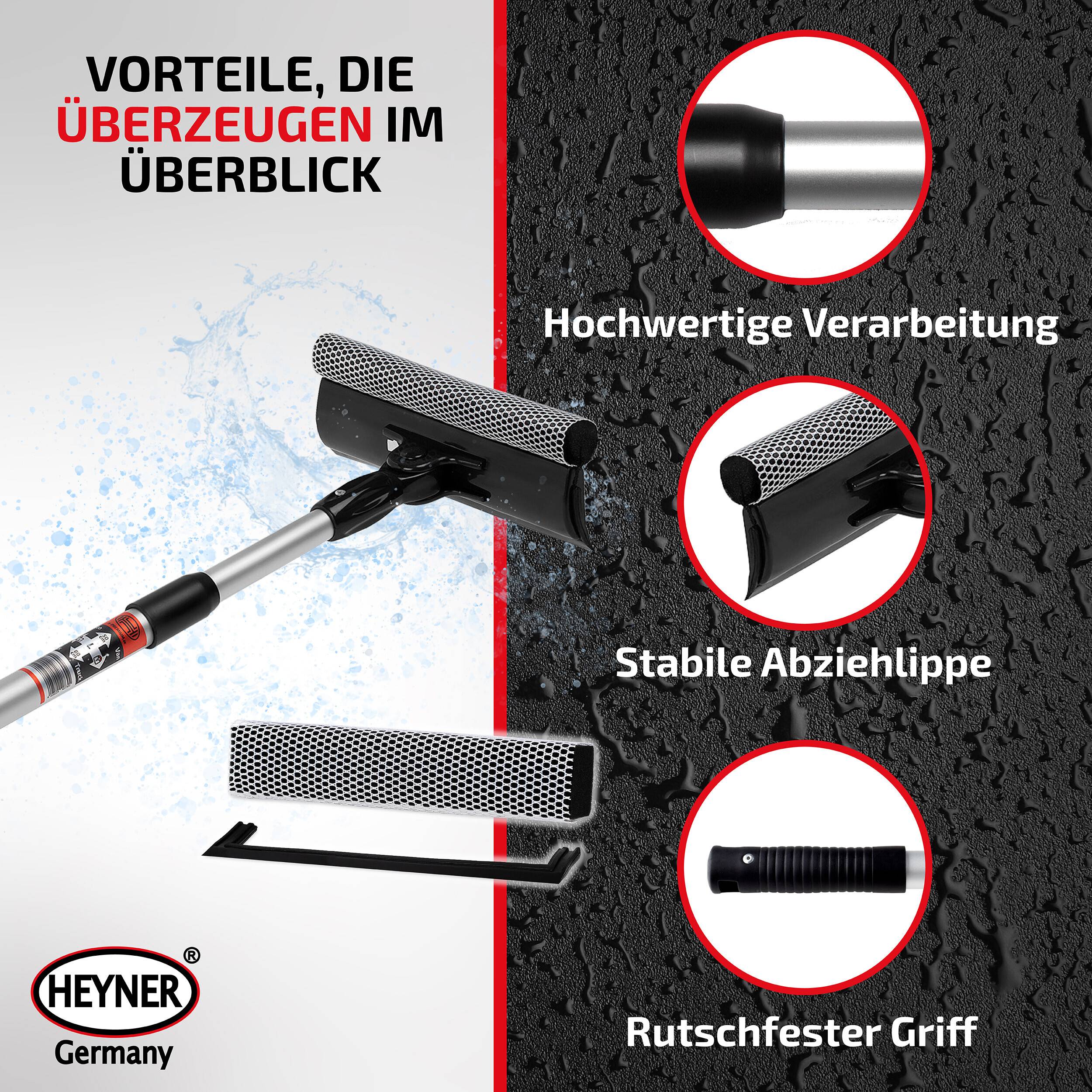 Ein Produktbild eines Fensterreinigers zeigt seine Eigenschaften: 'Hochwertige Verarbeitung', 'Stabile Abziehlippe' und 'Rutschfester Griff'.