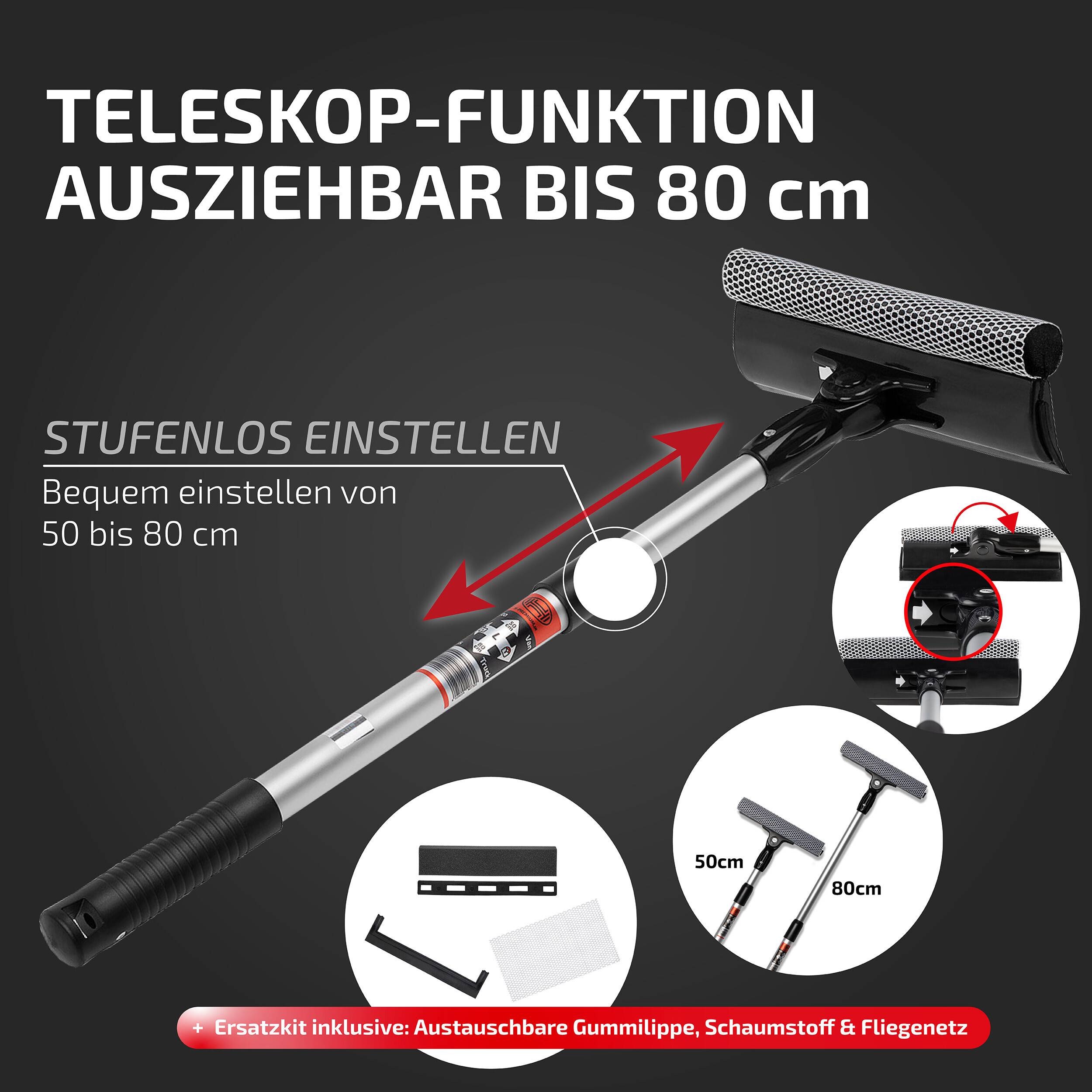 Teleskopfunktion, bis zu 80 cm ausziehbar. Verstellbar von 50 bis 80 cm. Inklusive Gummilippe, Schwamm und Fliegengitter.