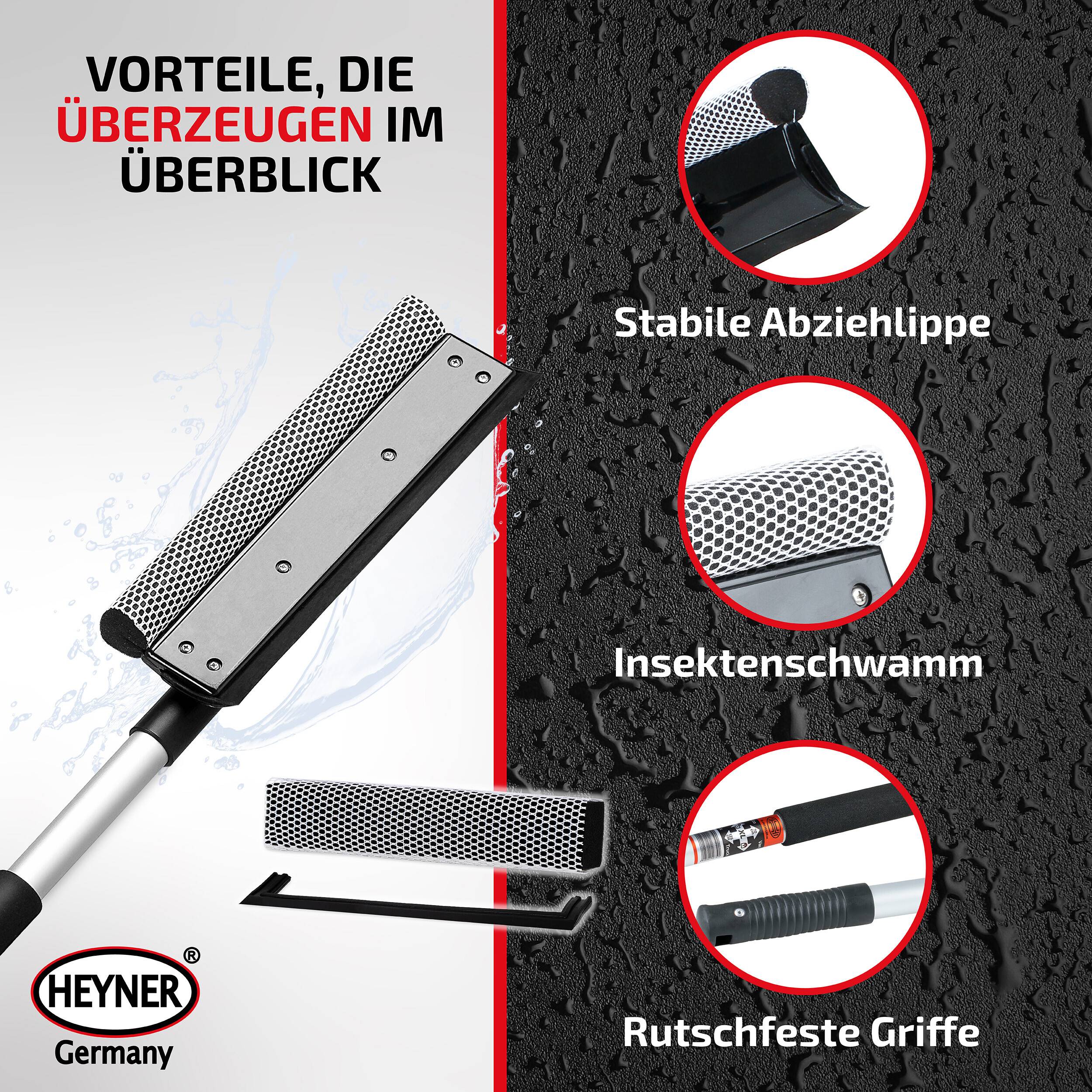 Infografik eines Fensterreinigungswerkzeugs mit Hervorhebung der stabilen Gummiabzugskante, des Insektenschwamms und rutschfester Griffe; HEYNER Germany-Branding.