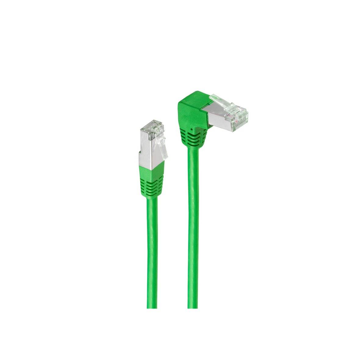Zwei grüne Ethernet-Kabel, eines mit einem Standardstecker und das andere mit einem rechtwinkligen Stecker, die für Netzwerkverbindungen verwendet werden.