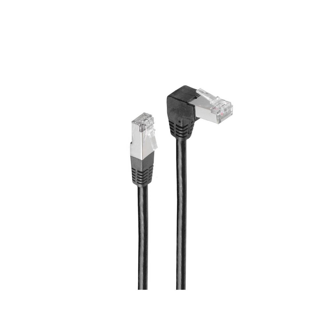 Ethernet-Kabel im rechten Winkel mit metallischen Steckverbindern, von zwei Blickwinkeln dargestellt, verwendet für Netzwerkverbindungen in engen Räumen.