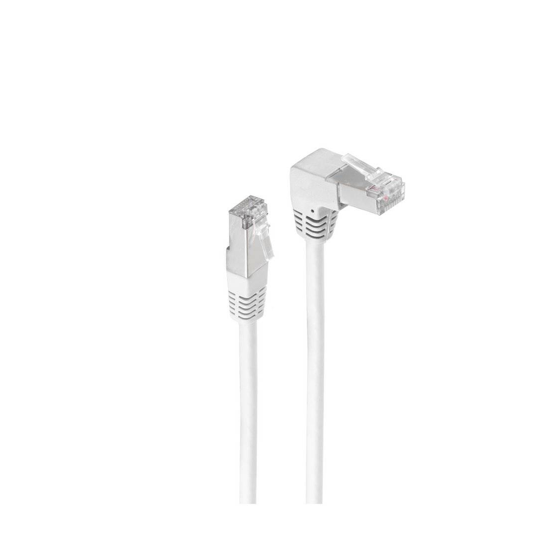 Ein weißes Netzwerkkabel mit Standard- und Winkelsteckern.