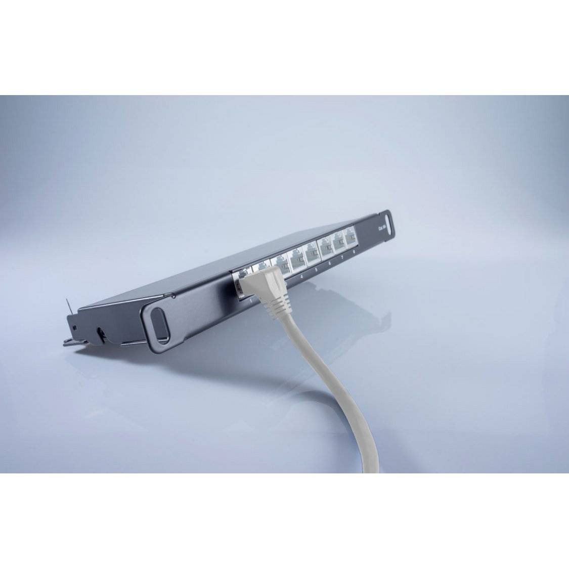 Netzwerk-Switch mit mehreren Ethernet-Anschlüssen, in einen Anschluss ist ein beiges Kabel eingesteckt, vor einem schlichten hellblauen Hintergrund.