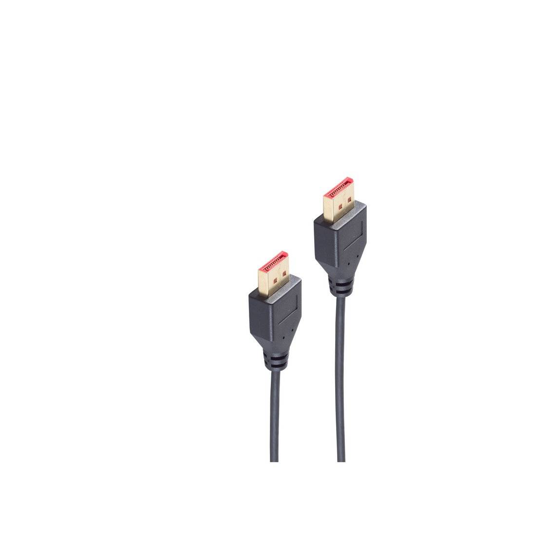 Zwei schwarze HDMI-Kabel mit roten Spitzen auf weißem Hintergrund, wobei die Anschlüsse nach oben zeigen.