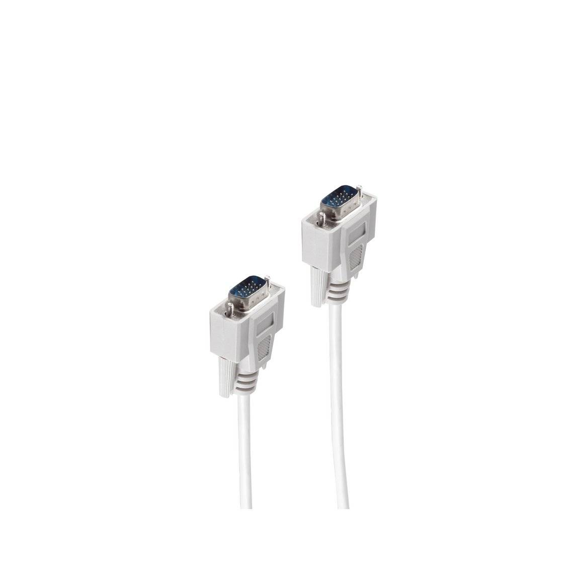Zwei weiße VGA-Kabel mit Steckern, die sich in einem Winkel zueinander neigen, auf weißem Hintergrund.