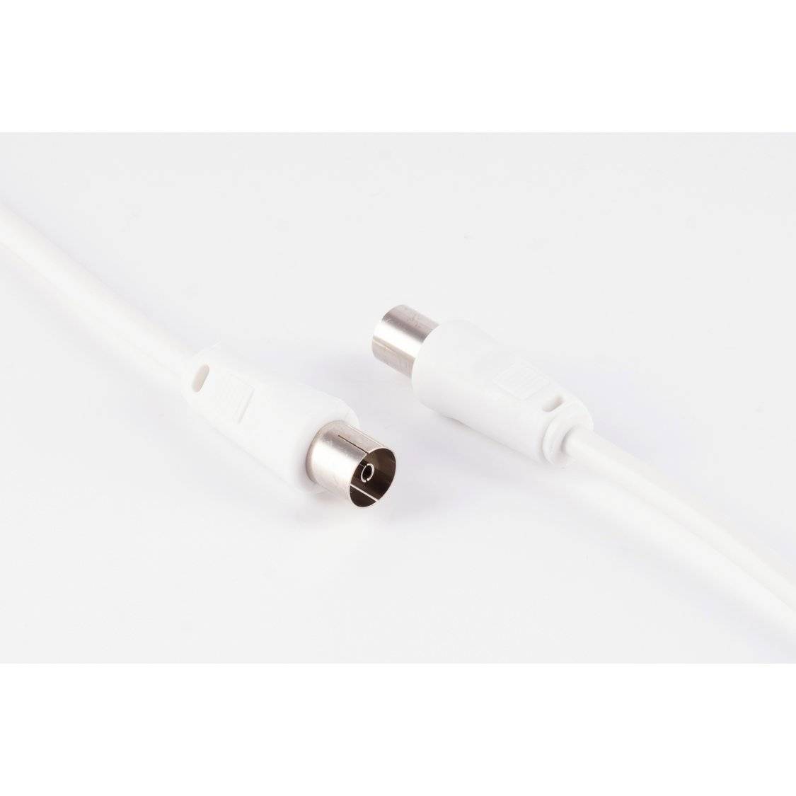 Weißes koaxiales Kabel mit Stecker- und Buchsenanschlüssen an jedem Ende, positioniert als würde es verbunden.