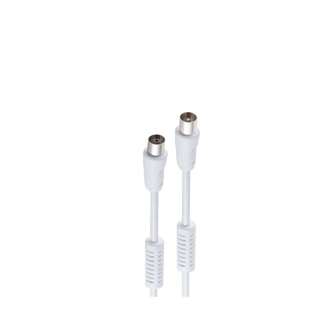 Ein weißes Koaxialkabel mit Stecker und Buchse an den Enden, das zum Anschluss von Fernsehantennen oder Kabel-TV-Signaleingängen verwendet wird.