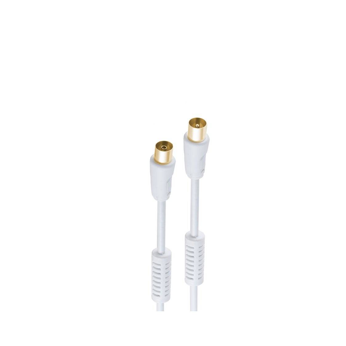 Zwei weiße koaxiale Kabel mit Goldsteckern, entwickelt zur Übertragung von Fernsehsignalen, vor einem einfachen weißen Hintergrund.