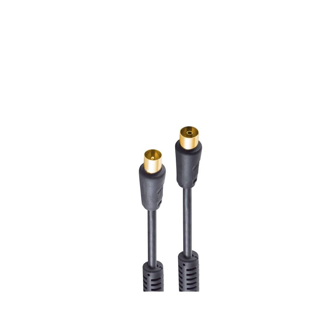 Zwei schwarze Kabel mit vergoldeten Steckern auf weißem Hintergrund, vertikal positioniert und leicht auseinander.