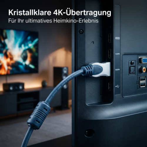 Rückseite eines Fernsehers mit angeschlossenem HDMI-Kabel, überlagert mit deutschem Text, der „Kristallklare 4K-Übertragung" und „Für Ihr ultimatives Heimkino-Erlebnis"" liest.