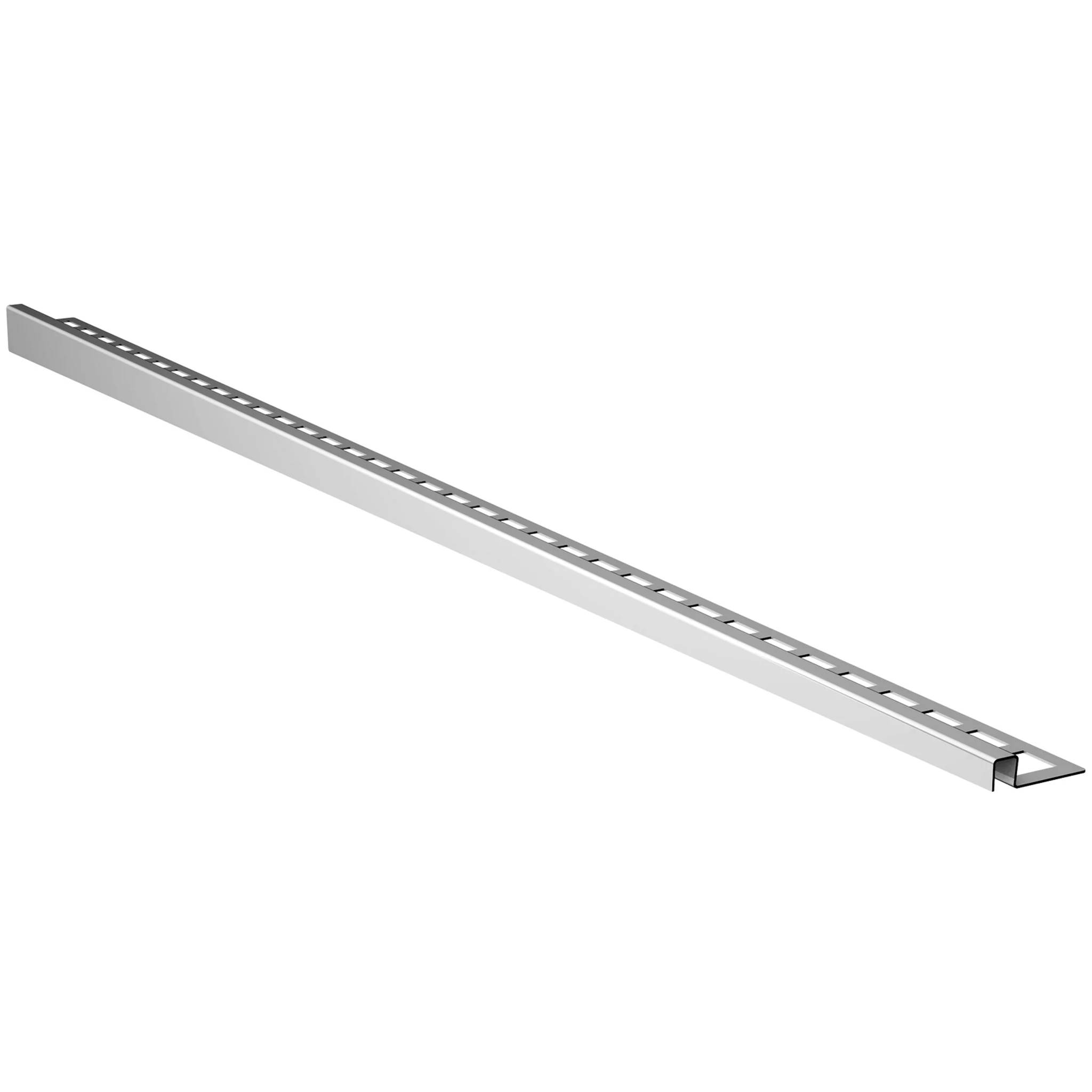 Langer metallischer linearer Kanal mit gleichmäßig verteilten rechteckigen Schlitzen, dargestellt auf weißem Hintergrund.
