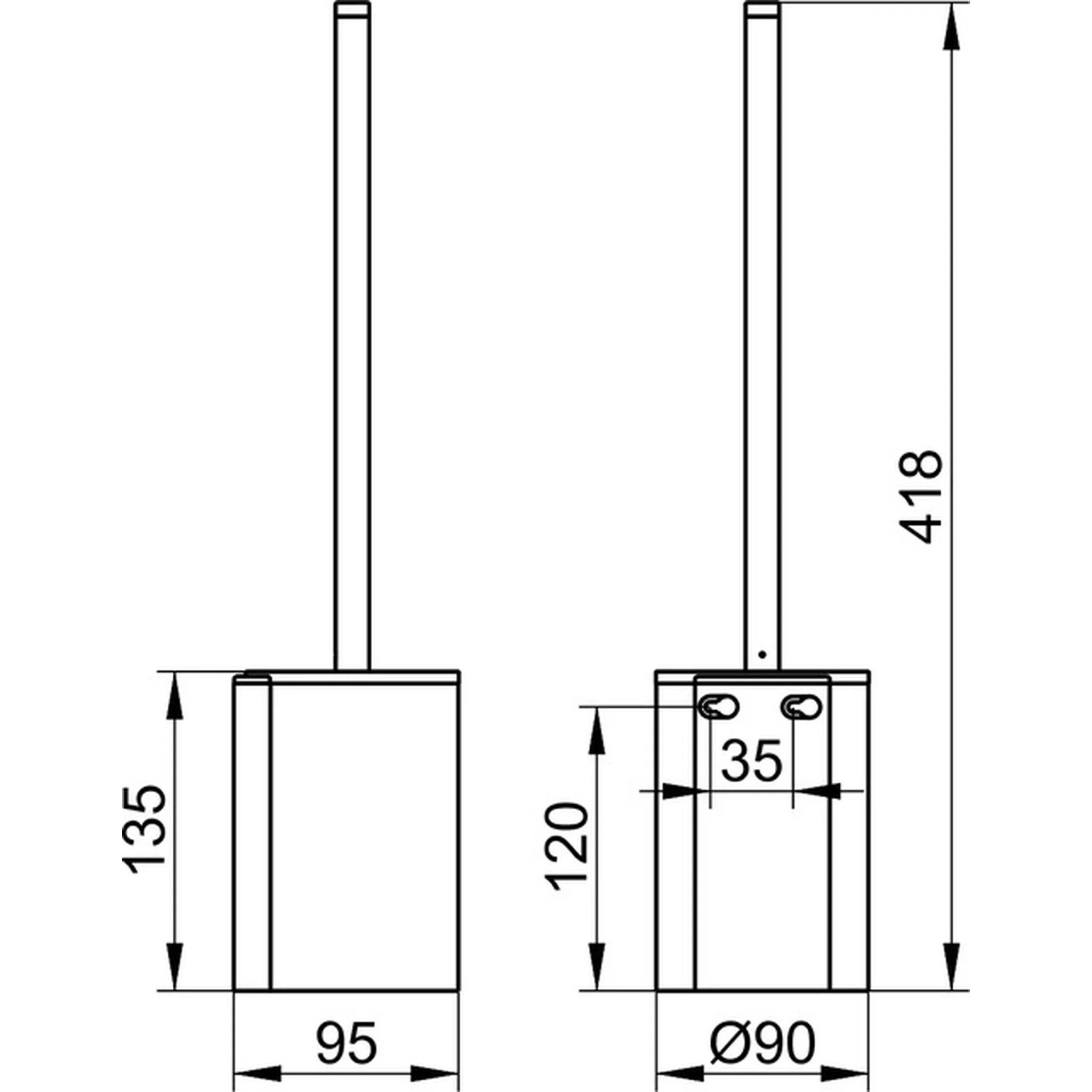 Technische Maßzeichnung einer zylindrischen Pfahlbasis: Körper 95 mm breit und 135 mm hoch, 90 mm Durchmesser, mit Gesamthöhe 418 mm und 35 mm/120 mm Innenmaßen.