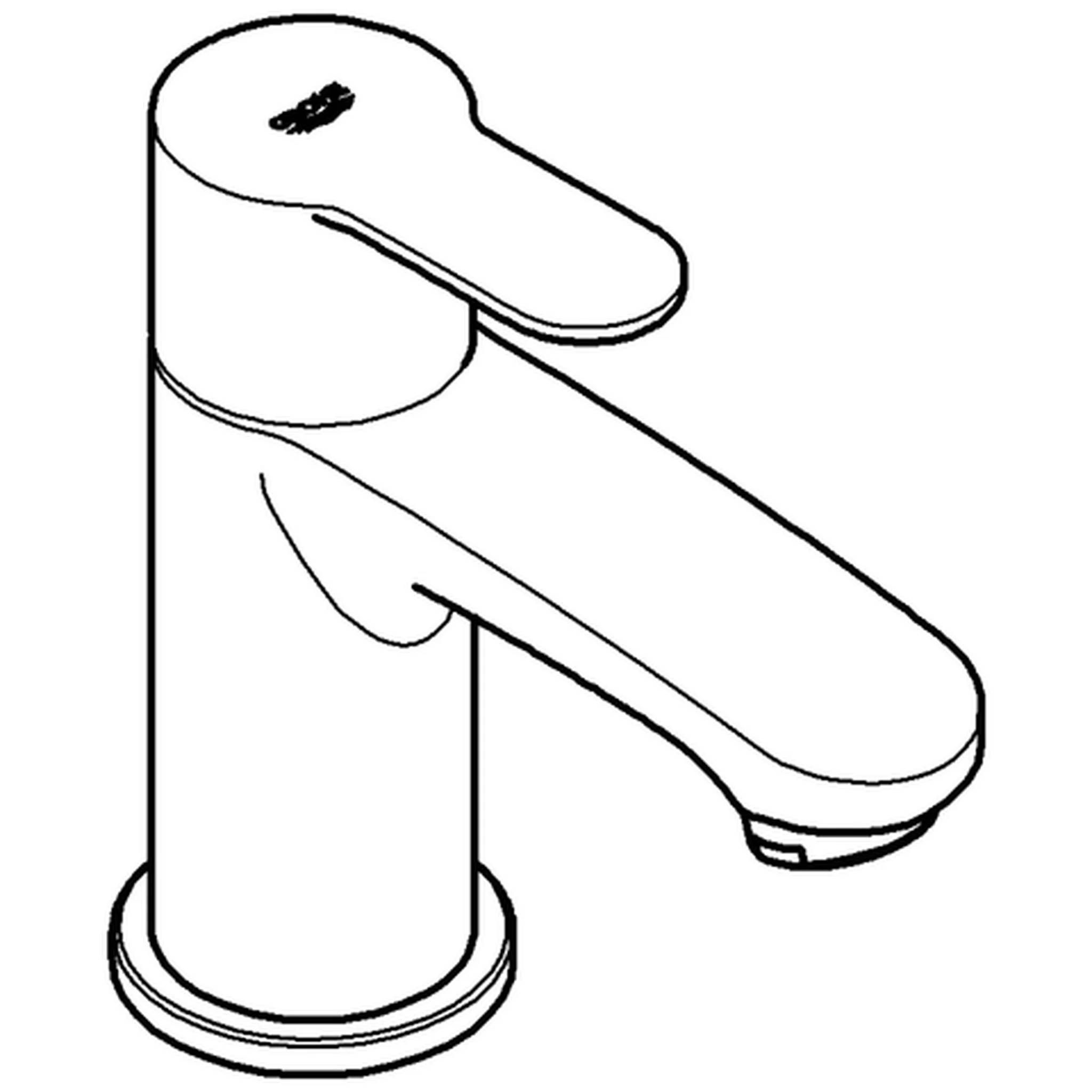 Schwarze Linienzeichnung eines einhebel-Badezimmerhahns mit zylindrischer Basis und geschwungenem Auslauf, in Seitenansicht auf weißem Hintergrund dargestellt.