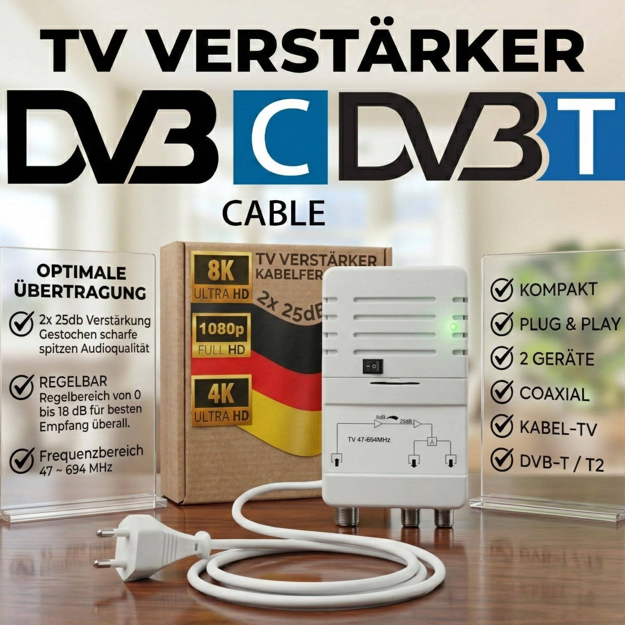 TV Verstärker Kabel Kabelfernsehen HD 3D 4K 8K Zweigeräteverstärker