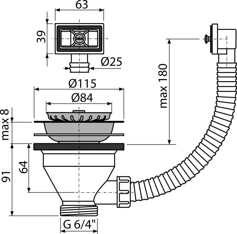 Technisches Sanitärinstallationsdiagramm einer Spülbeckenentwässerungsanlage mit flexiblem Schlauch, zeigt Vorder- und Seitenansichten sowie wichtige Abmessungen in Millimetern.