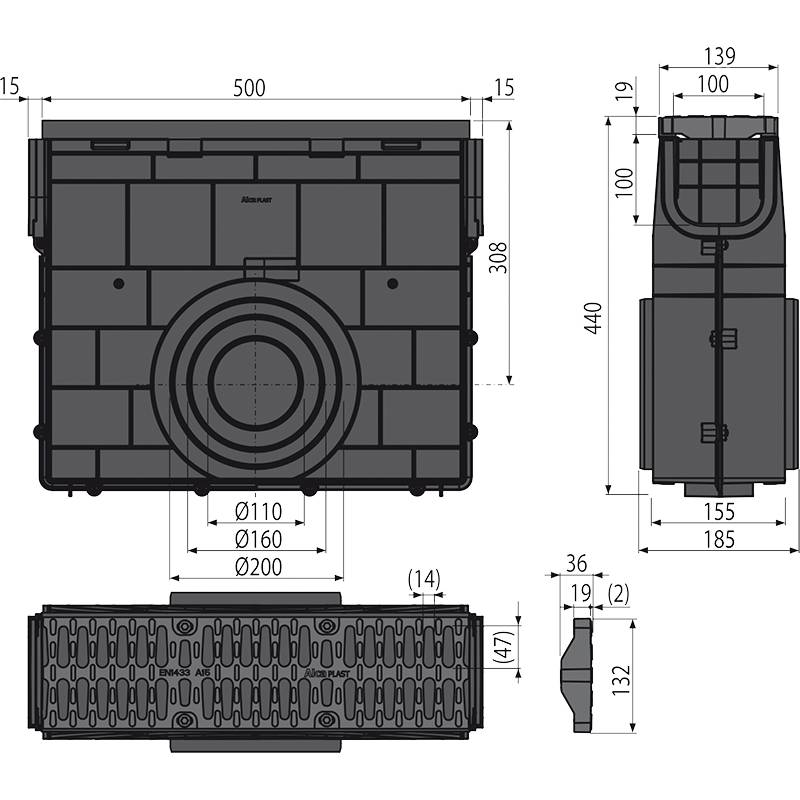 Technische Zeichnung eines rechteckigen Tanks oder Behälters mit Vorder-, Seiten-, Draufsicht und Detailansichten, die Abmessungen und eine große zentrale kreisförmige Öffnung zeigen.