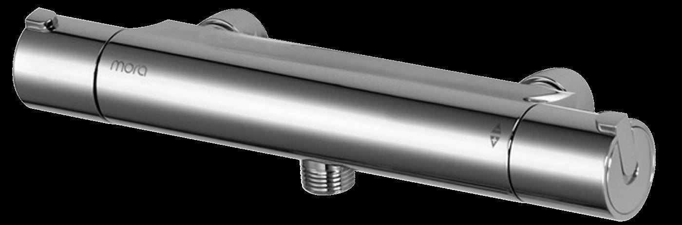 Chrom-Thermostatmischer für die Dusche mit zylindrischem Ventilkörper, zentralem Rohranschluss und runden Einstellreglern an beiden Enden.