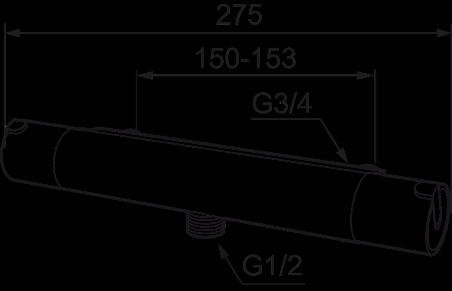 Technisches Diagramm einer zylindrischen Rohrverbindung mit den Abmessungen 275, 150-153, G3/4 und G1/2, die durch Pfeile gekennzeichnet sind.