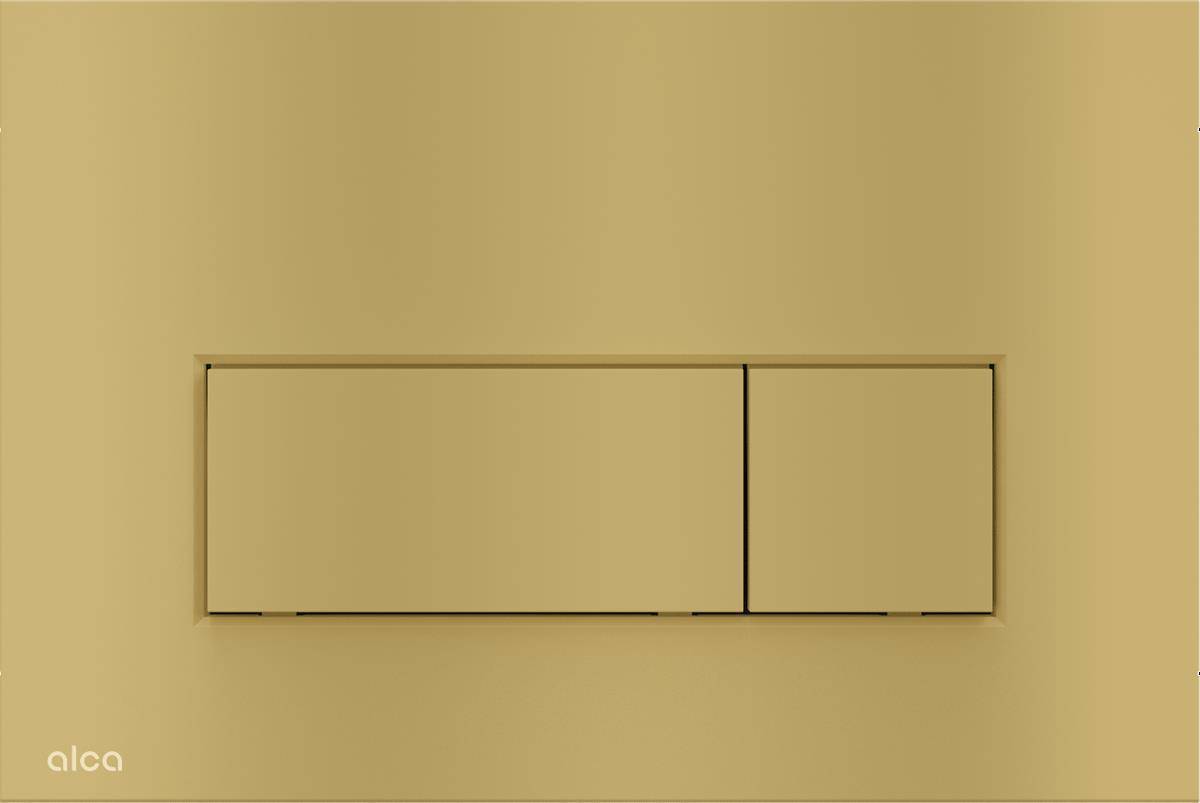 Minimales beige wandmontiertes Spültoiletten-Doppeldruckpanel mit zwei rechteckigen Druckflächen an einer ebenen Wand.