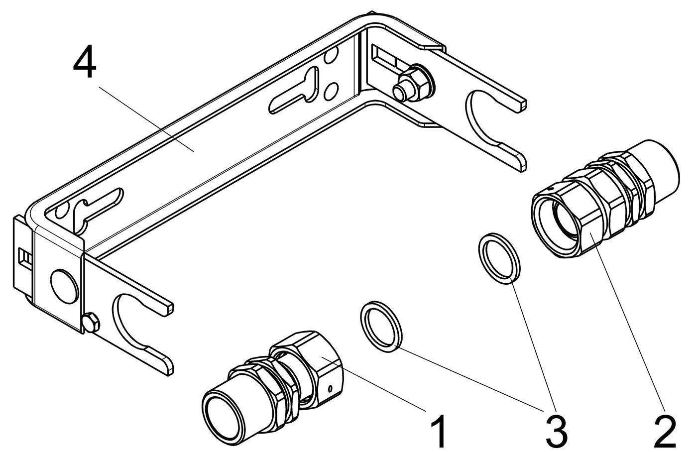 Auseinandergezogenes Teilediagramm einer Halterungsanordnung mit gekennzeichneten Komponenten 1, 2, 3 und 4, einschließlich zwei Steckverbinder, zwei Ringe und einer L-förmigen Montageklammer.