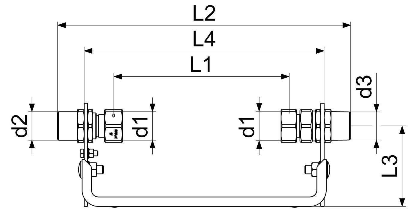 Technische Linienzeichnung eines U-förmigen Griffs mit Befestigungsenden, mit gekennzeichneten Abmessungen L1, L2, L3, L4 und d1, d2, d3.
