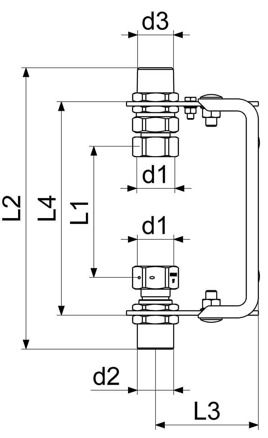 Technische Maßzeichnung einer Rohrschelle oder Befestigung, die beschriftete Maße d1, d2, d3 und Längen L1, L2, L3, L4 mit Pfeilen zeigt, die Abmessungen angeben.
