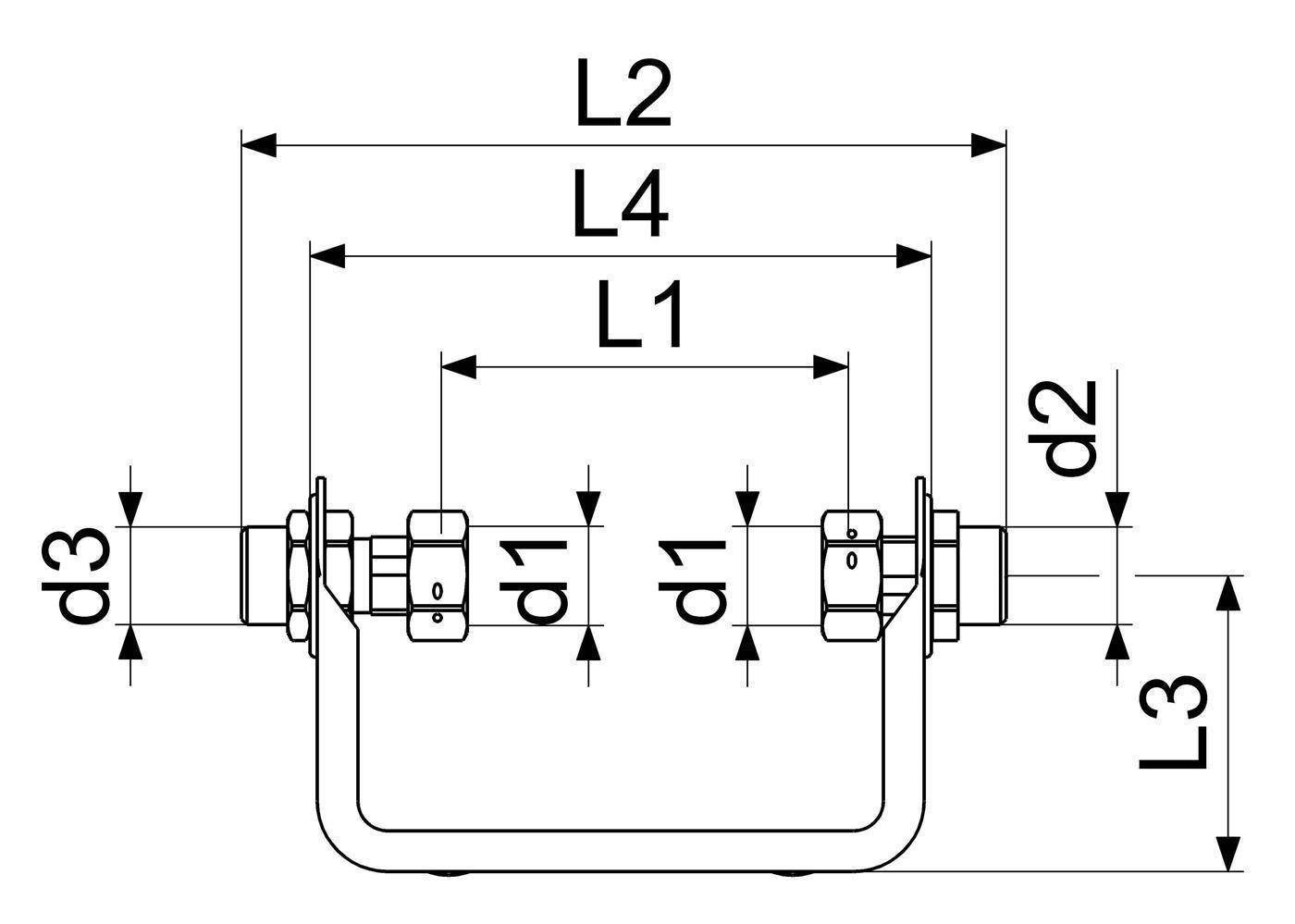 Technische Maßzeichnung einer U-förmigen Metallschelle mit Beschriftung der Längen L1-L4, Durchmesser d1-d3 und Gesamthöhe L3.