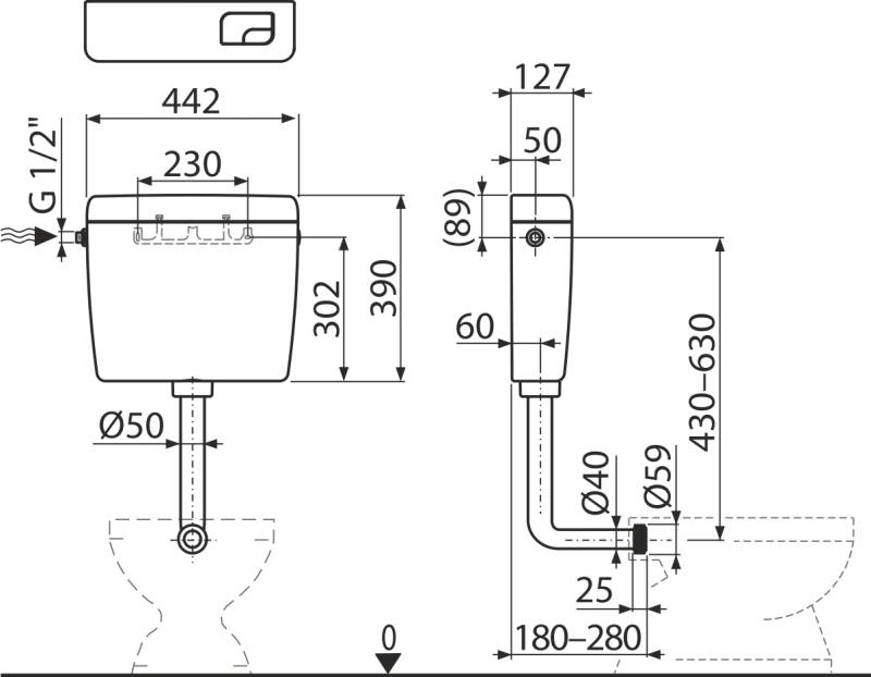 AlcaDrain Spülkasten A930-M-1/2" niedrig hängend Dual-Spülung 3/6 Liter