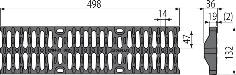 Technische Zeichnung eines perforierten Metall-/Kunststoffpanels mit wiederholtem Schlitzmuster, dargestellt in Front- und Seitenansicht mit Abmessungen von 498, 132, 36, 19 und 14 mm.