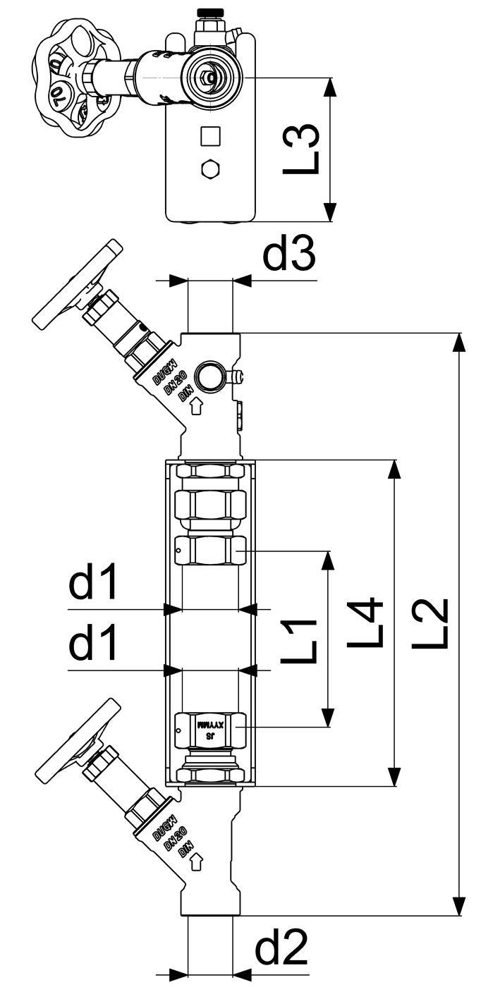 Technische Zeichnung einer Ventilbaugruppe mit den gekennzeichneten Abmessungen L1, L2, L3, L4, d1, d2 und d3.