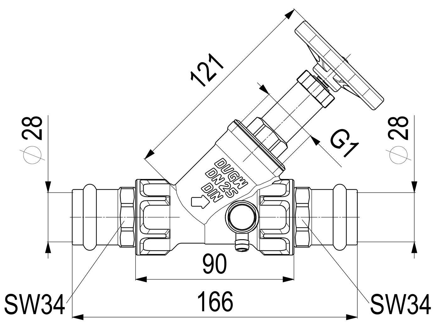 Technische Zeichnung eines Y-förmigen Ventils mit Handrad, Abmessungen: 166 mm Gesamtlänge, 121 mm Höhe, 90 mm Gehäusebreite, G1-Anschluss, 28 mm Enden, SW34.