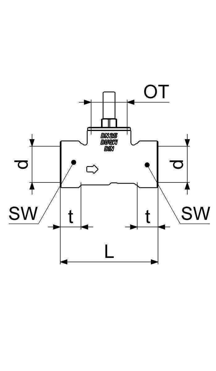 Technische Linienzeichnung eines Bauteils mit beschrifteten Abmessungen: OT oben, SW auf beiden Seiten, d auf linker und rechter Seite, t auf den unteren Seiten und L unten.