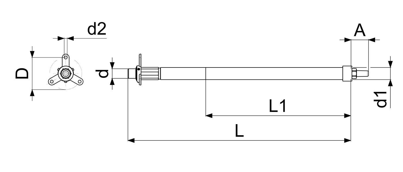 Technische Zeichnung einer Welle mit Flanschende, mit beschrifteten Abmessungen D, d, d1, d2, L, L1 und A, dargestellt mit Bemaßungspfeilen.