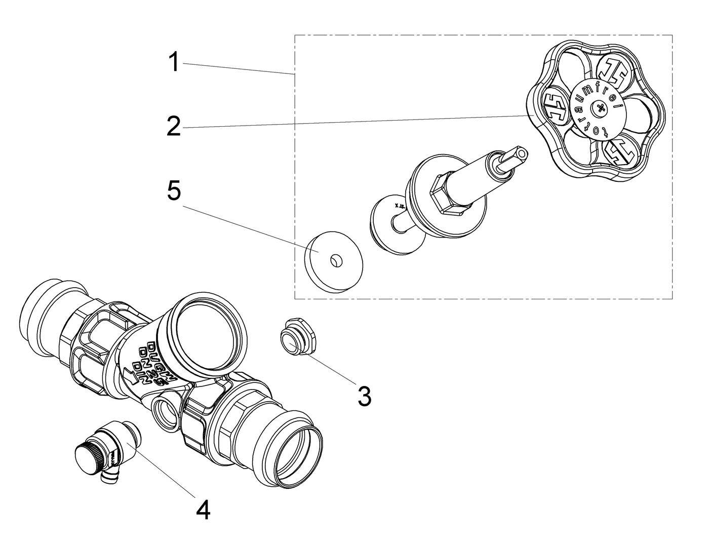 Explodierte technische Zeichnung einer Ventilbaugruppe mit nummerierten Beschriftungen 1, 2, 3, 4 und 5, die auf separate Teile hinweisen.