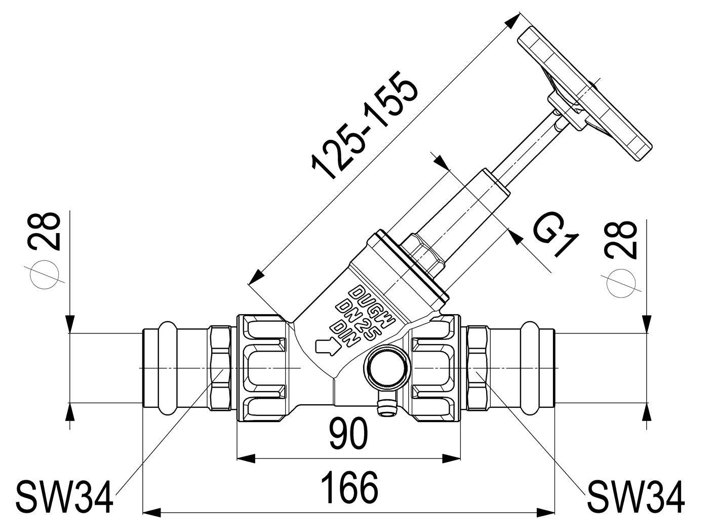 Technische Zeichnung eines Ventils mit geneigtem Handrad, das Abmessungen von 166 mm Breite, 125–155 mm Höhe, 90 mm Mittelteil, G1-Anschluss und SW34-Enden zeigt.