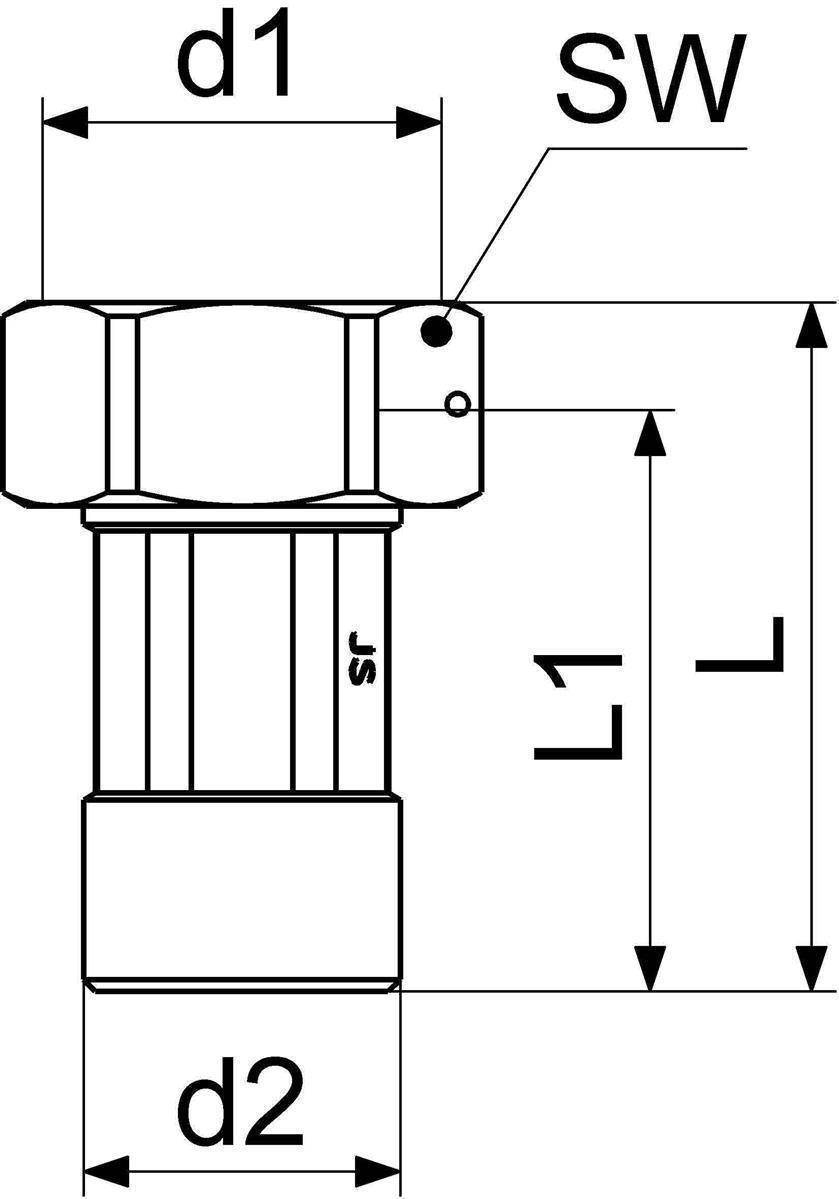 Technische Zeichnung einer zylindrischen Armatur mit Bemaßungsbezeichnungen d1, d2, L1, L und SW, zeigt Messpfeile und Referenzpunkte.