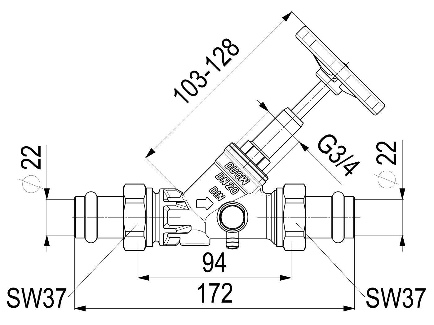 Technische Zeichnung eines DUOTV-Ventils mit Abmessungen: 172 mm Gesamtlänge, 94 mm Gehäuselänge, 103–128 mm Höhe, G3/4-Anschluss, SW37-Enden und 22 mm Anschlussöffnungen.