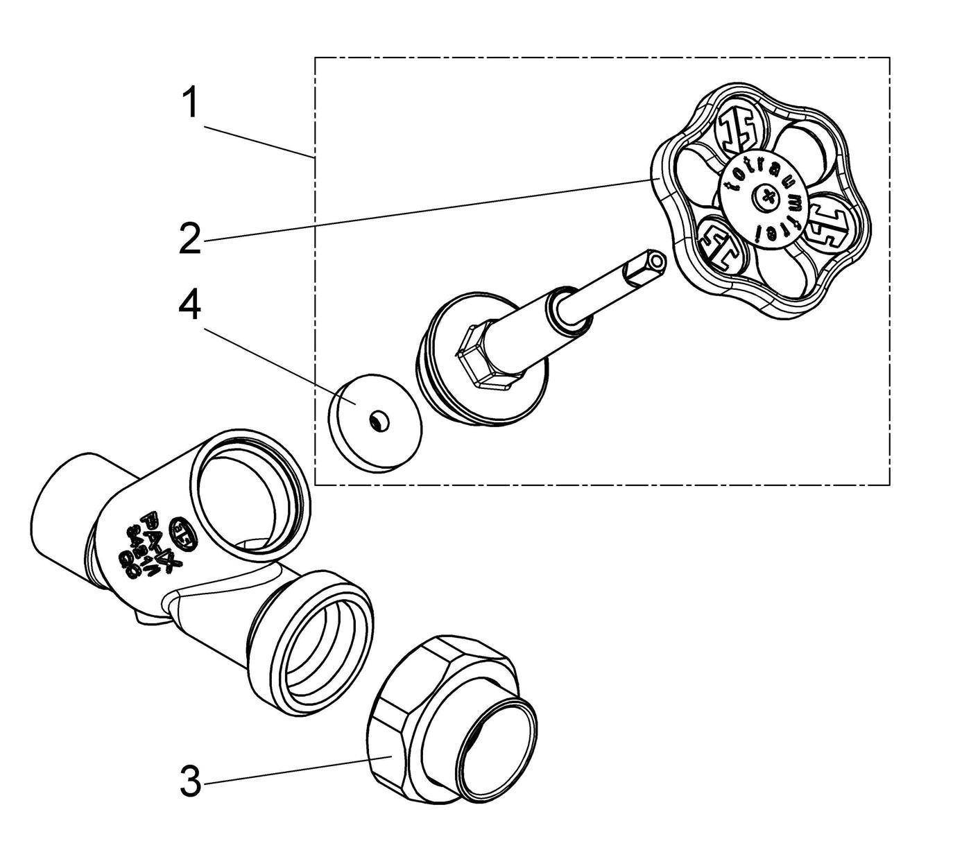 Explodierte Sanitärventilbaugruppen-Diagramm mit nummerierten Teilen zeigt einen Ventilkörper, Ventilstange, Unterlegscheibe und Handrad.