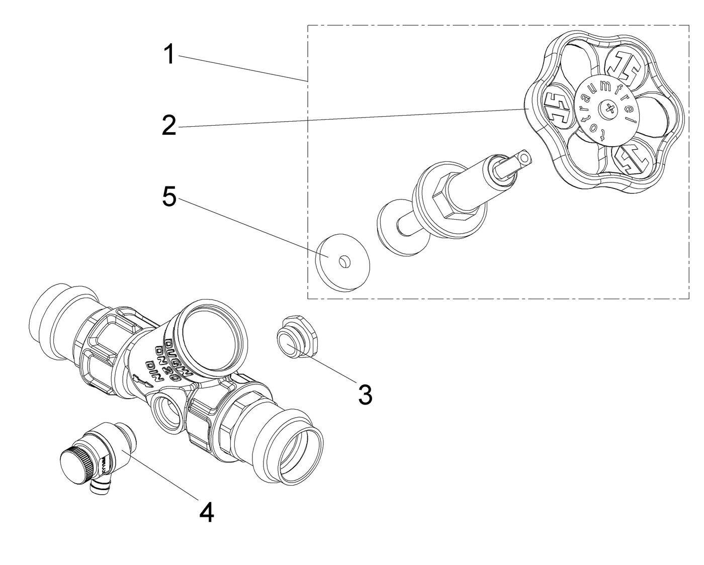 Explodierte technische Zeichnung einer Ventilbaugruppe mit nummerierten Teilen 1, 2, 3, 4 und 5, die zeigt, wie die Komponenten zusammenpassen.